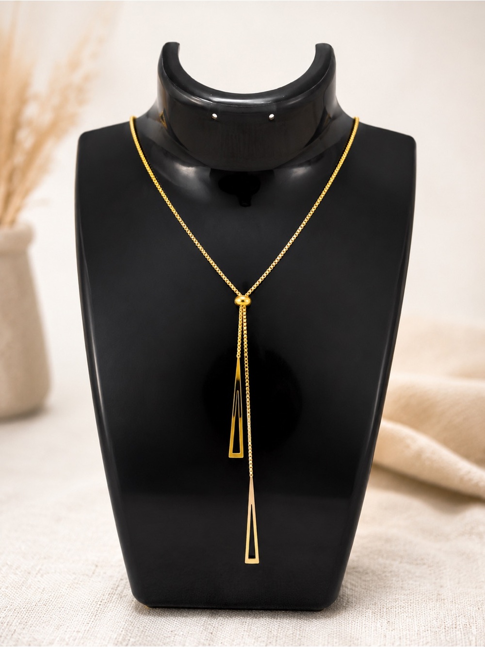 Polished Gold Lariat Necklace with Geometric Drops